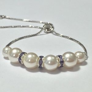 Ivory Glass Pearls w/ Rhinestone Bolo Bracelet
